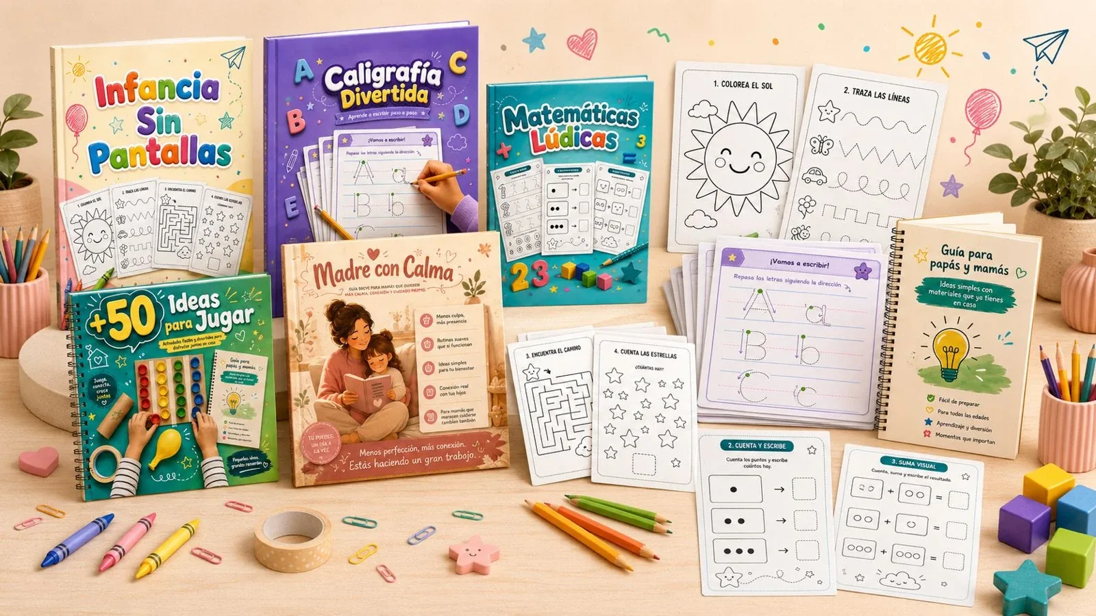 Kit Infancia Sin Pantallas: libros y actividades imprimibles — Caligrafía Divertida, Matemáticas Lúdicas, Madre con Calma y +50 Ideas para Jugar