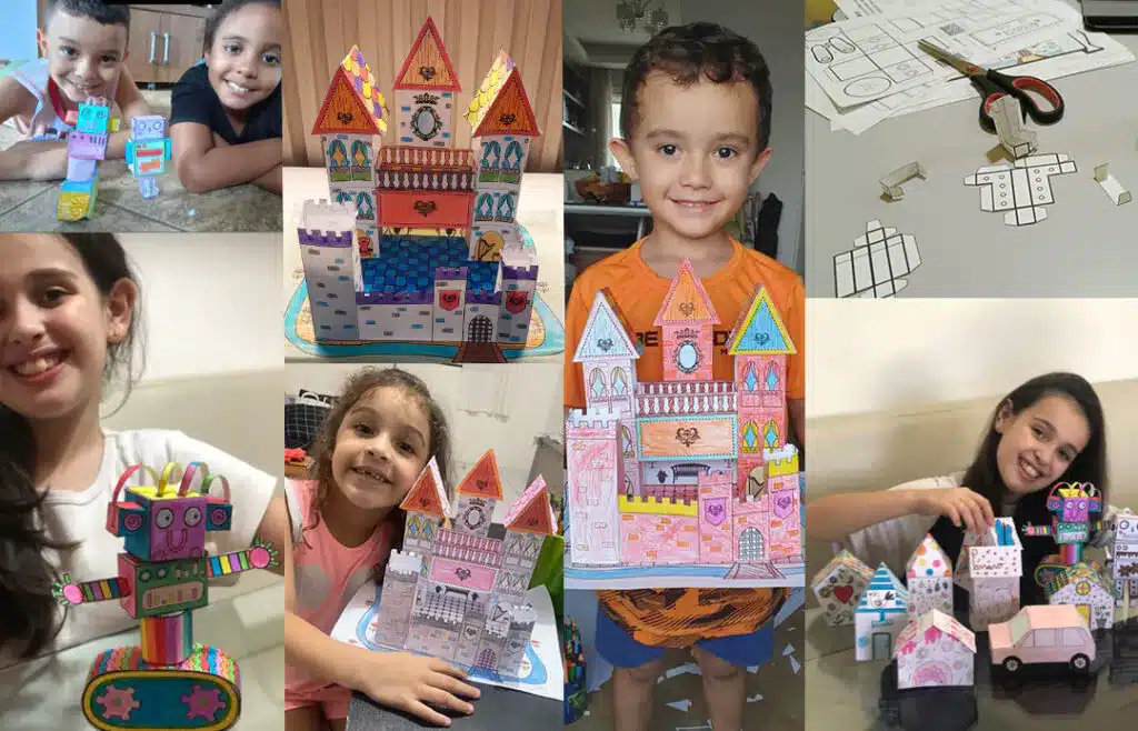 Niños jugando y mostrando sus manualidades del kit